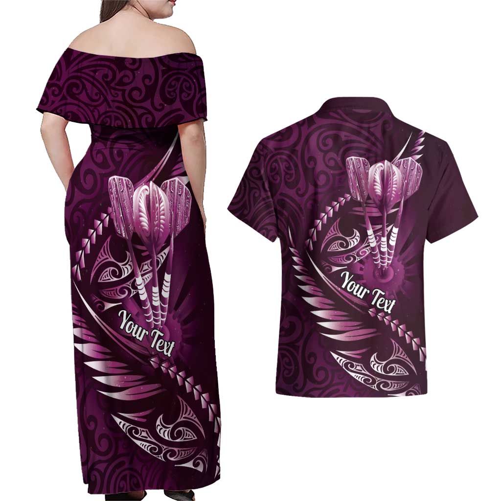 Personalised All Pink New Zealand Darts Couples Matching Off Shoulder Maxi Dress and Hawaiian Shirt Aoteroa Fern Maori Galaxy Style LT14 - Polynesian Pride