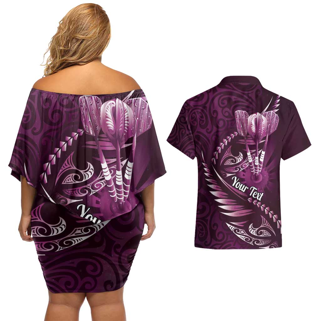 Personalised All Pink New Zealand Darts Couples Matching Off Shoulder Short Dress and Hawaiian Shirt Aoteroa Fern Maori Galaxy Style LT14 - Polynesian Pride