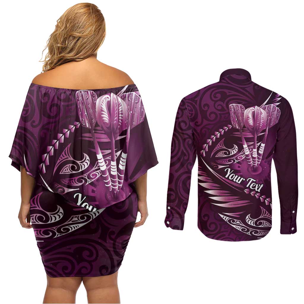 Personalised All Pink New Zealand Darts Couples Matching Off Shoulder Short Dress and Long Sleeve Button Shirt Aoteroa Fern Maori Galaxy Style LT14 - Polynesian Pride