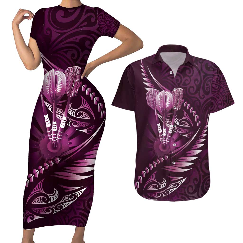 Personalised All Pink New Zealand Darts Couples Matching Short Sleeve Bodycon Dress and Hawaiian Shirt Aoteroa Fern Maori Galaxy Style LT14 Pink - Polynesian Pride