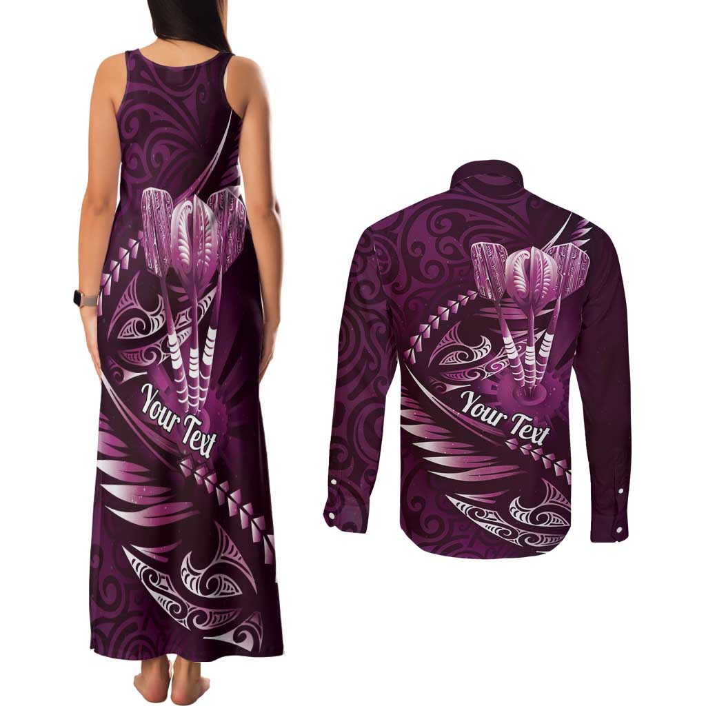 Personalised All Pink New Zealand Darts Couples Matching Tank Maxi Dress and Long Sleeve Button Shirt Aoteroa Fern Maori Galaxy Style LT14 - Polynesian Pride