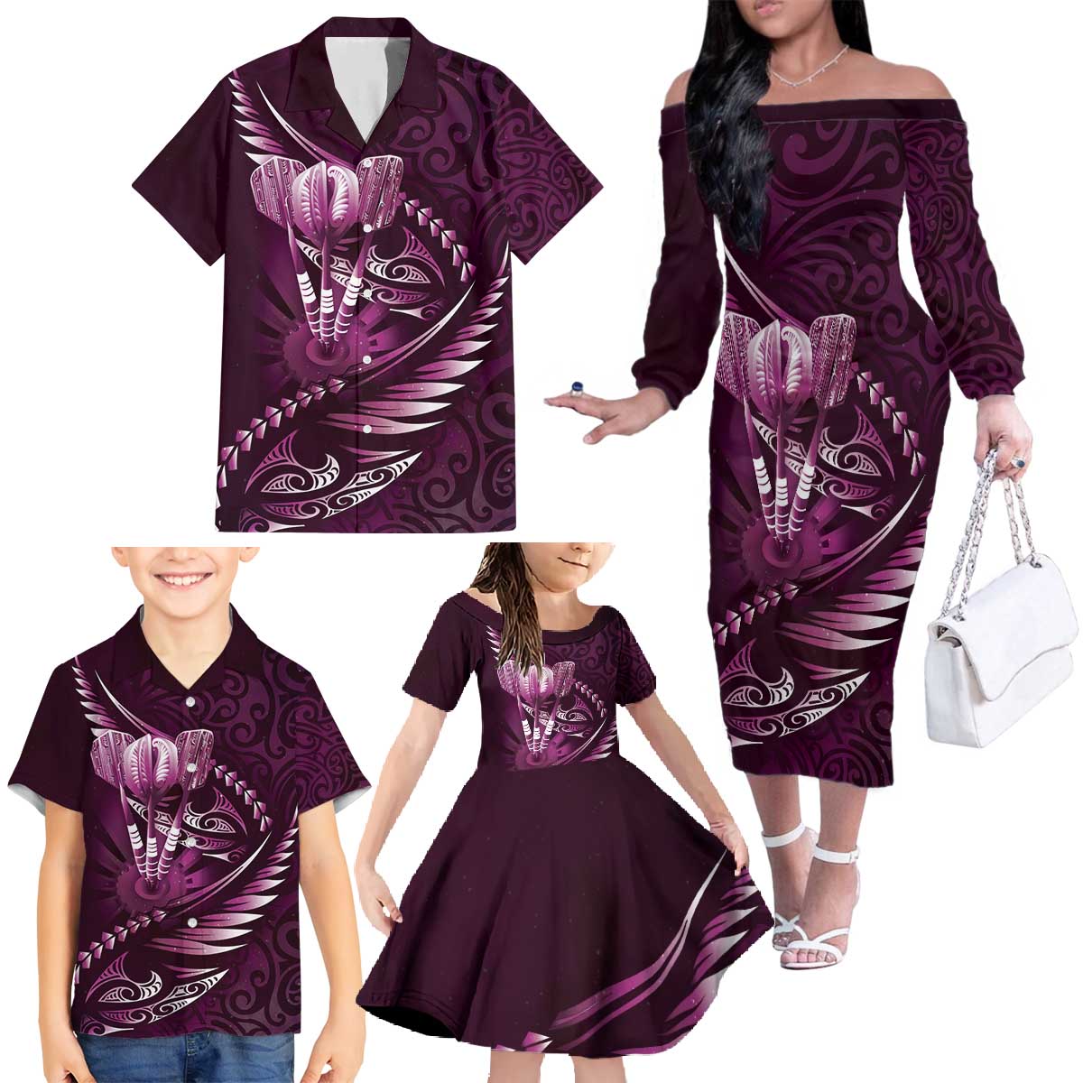 Personalised All Pink New Zealand Darts Family Matching Off The Shoulder Long Sleeve Dress and Hawaiian Shirt Aoteroa Fern Maori Galaxy Style LT14 - Polynesian Pride