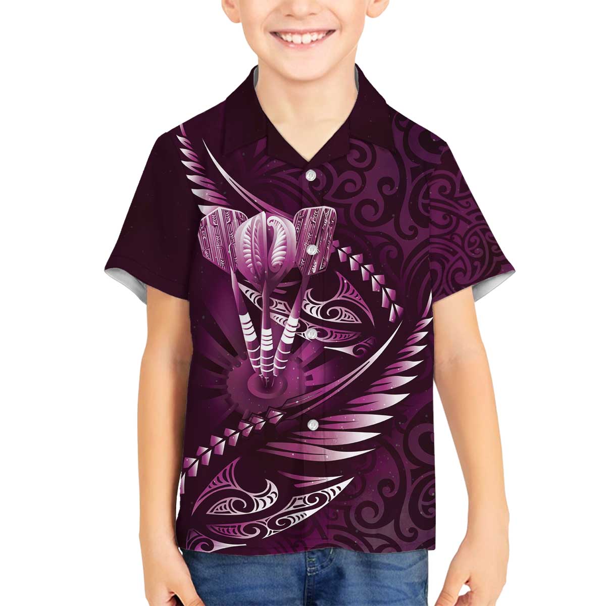 Personalised All Pink New Zealand Darts Family Matching Off The Shoulder Long Sleeve Dress and Hawaiian Shirt Aoteroa Fern Maori Galaxy Style LT14 Son's Shirt Pink - Polynesian Pride