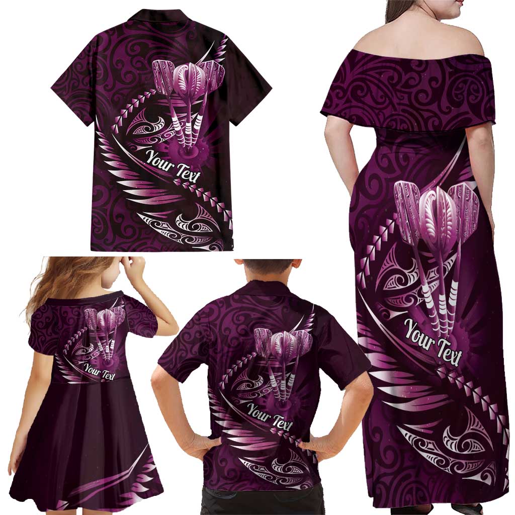 Personalised All Pink New Zealand Darts Family Matching Off Shoulder Maxi Dress and Hawaiian Shirt Aoteroa Fern Maori Galaxy Style LT14 - Polynesian Pride