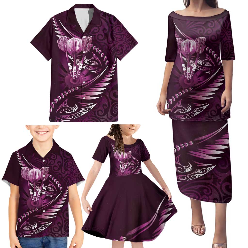 Personalised All Pink New Zealand Darts Family Matching Puletasi and Hawaiian Shirt Aoteroa Fern Maori Galaxy Style LT14 - Polynesian Pride