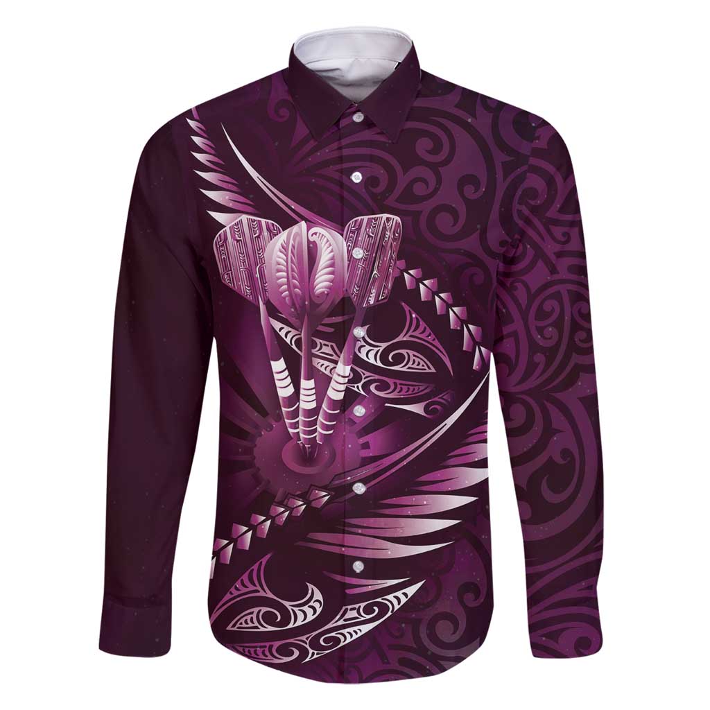 Personalised All Pink New Zealand Darts Family Matching Tank Maxi Dress and Hawaiian Shirt Aoteroa Fern Maori Galaxy Style LT14 Dad's Shirt - Long Sleeve Pink - Polynesian Pride