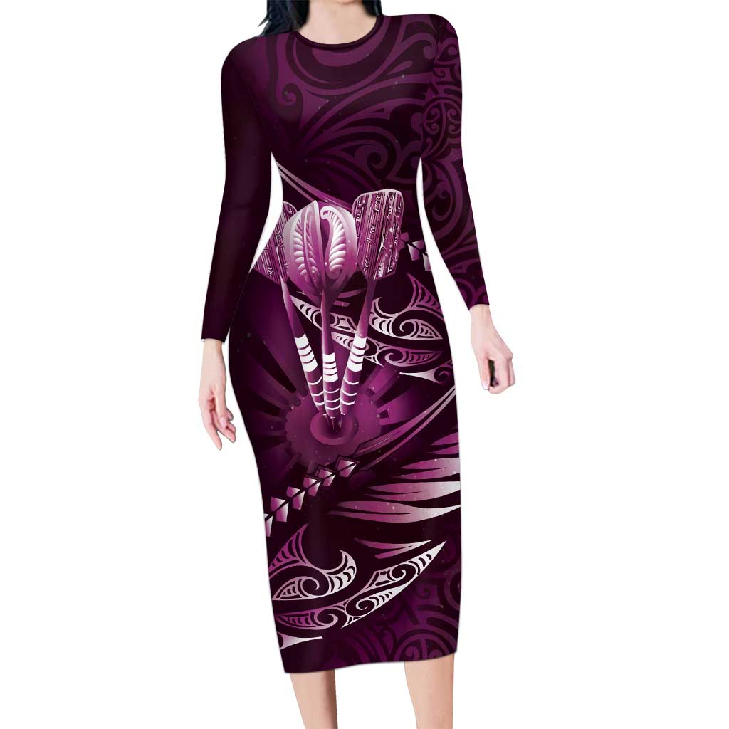 Personalised All Pink New Zealand Darts Long Sleeve Bodycon Dress Aoteroa Fern Maori Galaxy Style