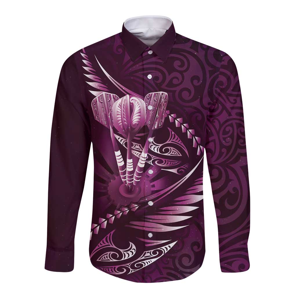 Personalised All Pink New Zealand Darts Long Sleeve Button Shirt Aoteroa Fern Maori Galaxy Style LT14 Unisex Pink - Polynesian Pride