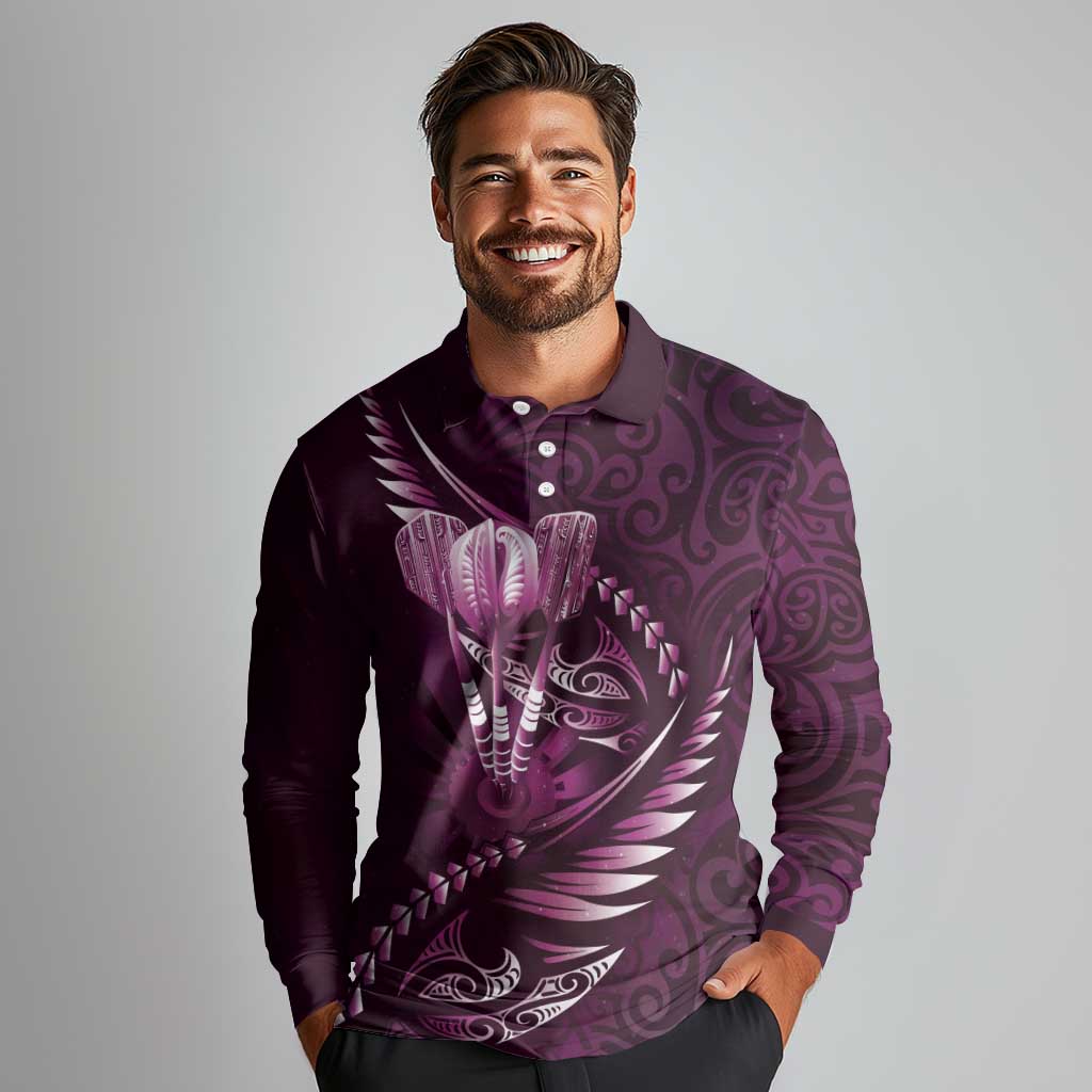 Personalised All Pink New Zealand Darts Long Sleeve Polo Shirt Aoteroa Fern Maori Galaxy Style LT14 - Polynesian Pride