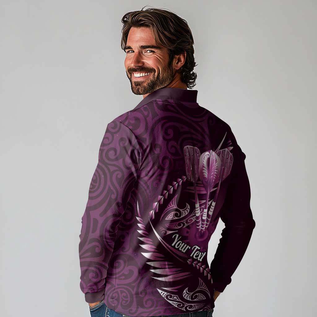 Personalised All Pink New Zealand Darts Long Sleeve Polo Shirt Aoteroa Fern Maori Galaxy Style LT14 - Polynesian Pride
