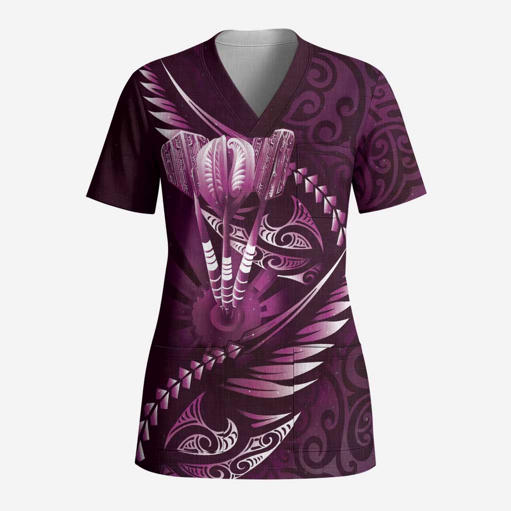 Personalised All Pink New Zealand Darts Scrub Top Aoteroa Fern Maori Galaxy Style - Polynesian Pride