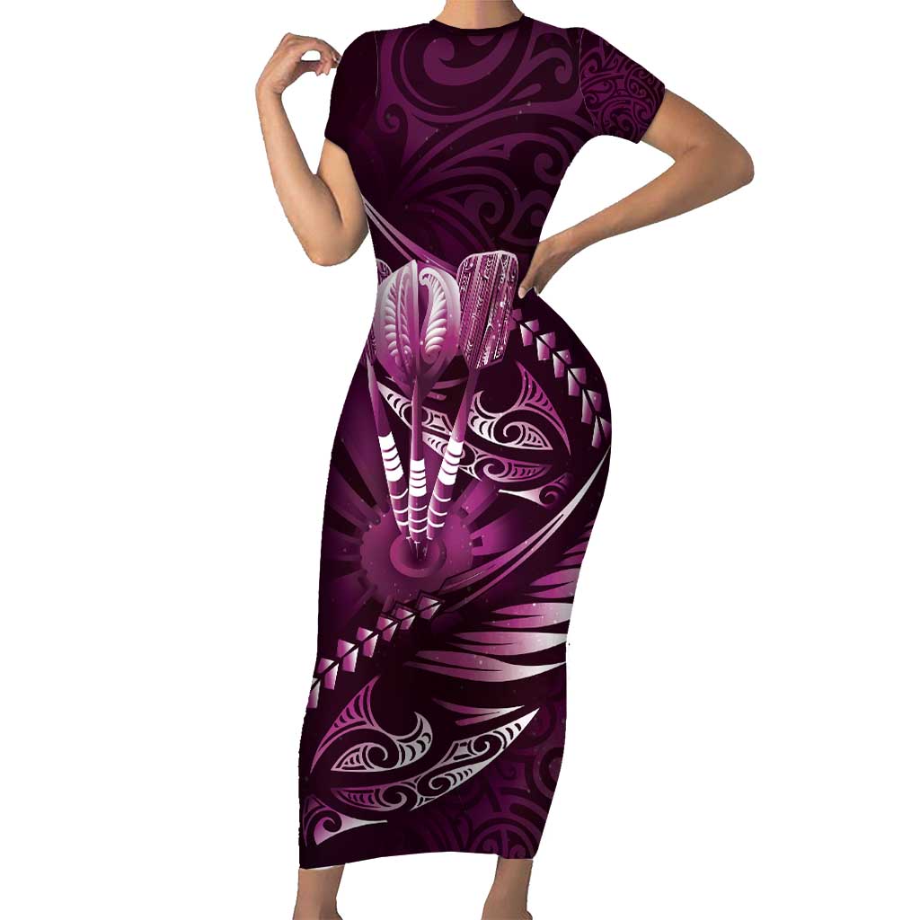 Personalised All Pink New Zealand Darts Short Sleeve Bodycon Dress Aoteroa Fern Maori Galaxy Style LT14 Long Dress Pink - Polynesian Pride