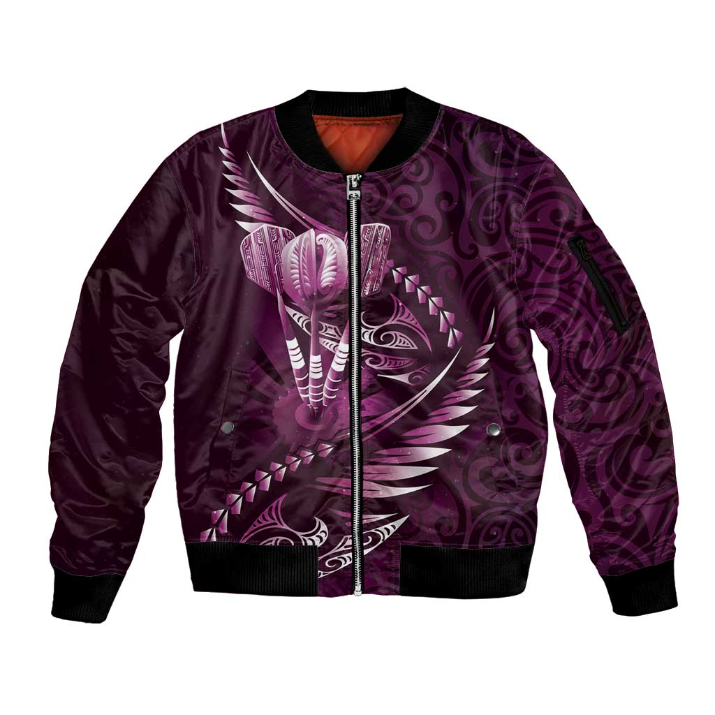 Personalised All Pink New Zealand Darts Sleeve Zip Bomber Jacket Aoteroa Fern Maori Galaxy Style LT14 Unisex Pink - Polynesian Pride