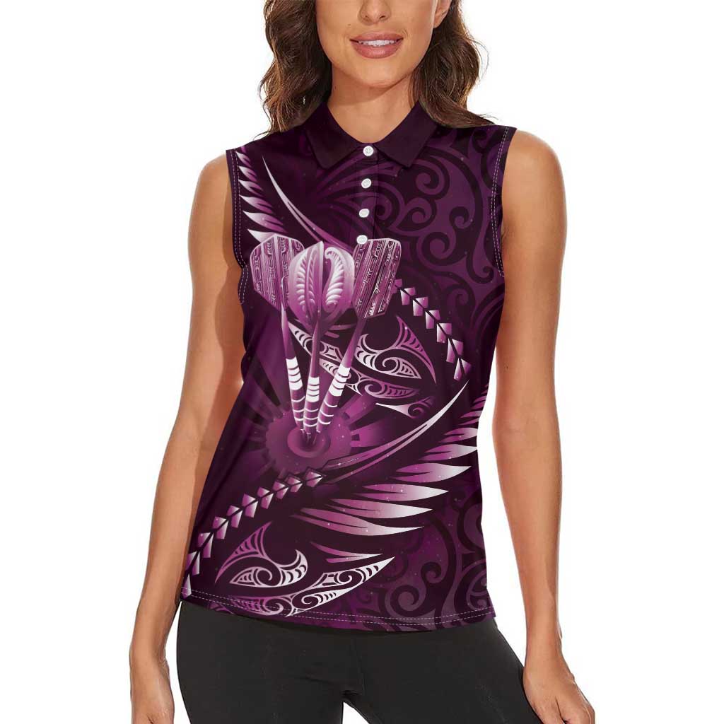 Personalised All Pink New Zealand Darts Women Sleeveless Polo Shirt Aoteroa Fern Maori Galaxy Style LT14 - Polynesian Pride