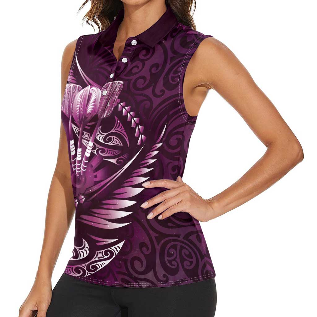 Personalised All Pink New Zealand Darts Women Sleeveless Polo Shirt Aoteroa Fern Maori Galaxy Style LT14 - Polynesian Pride