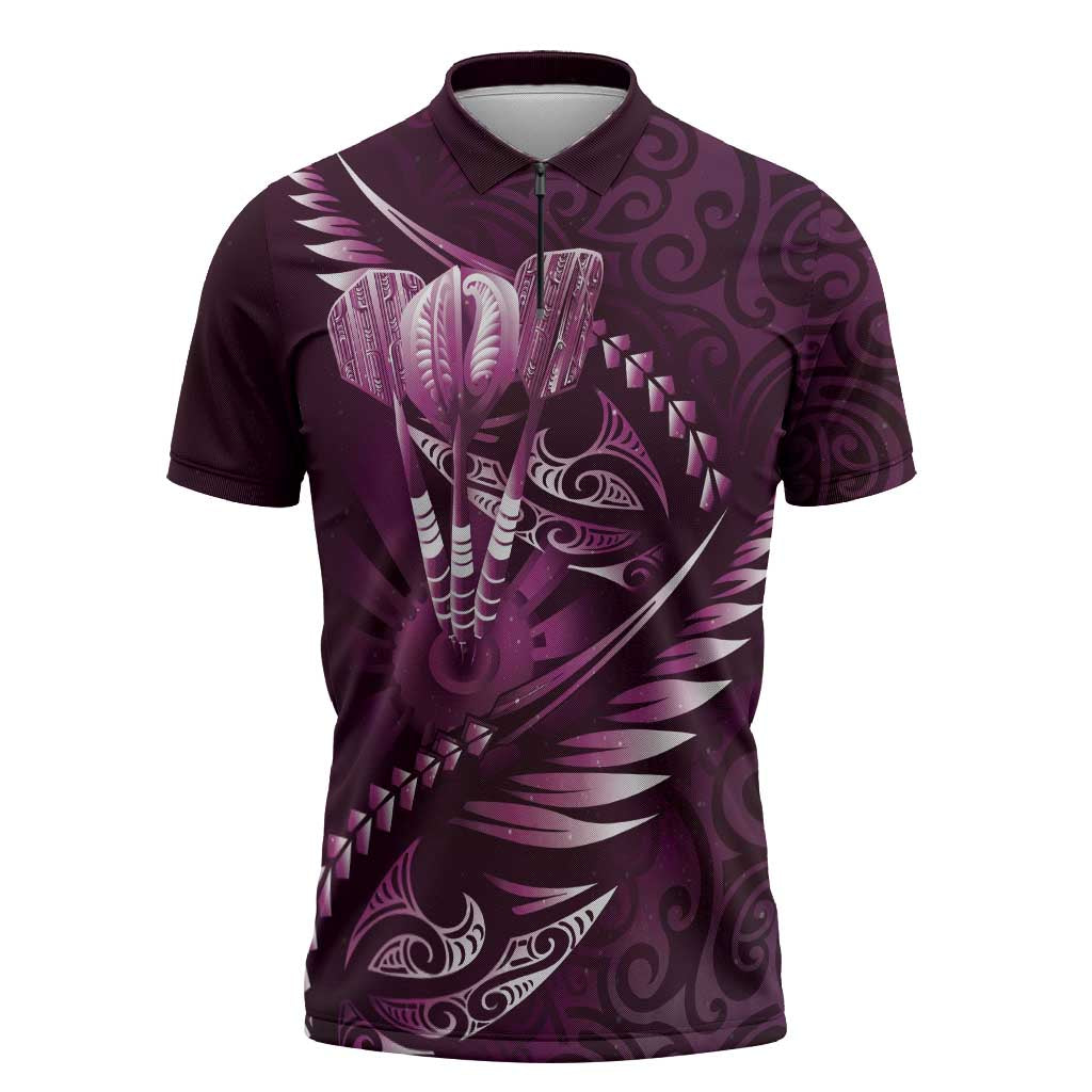 Personalised All Pink New Zealand Darts Zipper Polo Shirt Aoteroa Fern Maori Galaxy Style - Polynesian Pride
