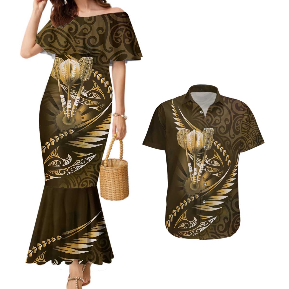 Personalised All Gold New Zealand Darts Couples Matching Mermaid Dress and Hawaiian Shirt Aoteroa Fern Maori Galaxy Style LT14 Gold - Polynesian Pride