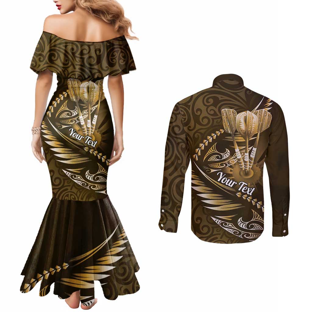 Personalised All Gold New Zealand Darts Couples Matching Mermaid Dress and Long Sleeve Button Shirt Aoteroa Fern Maori Galaxy Style LT14 - Polynesian Pride