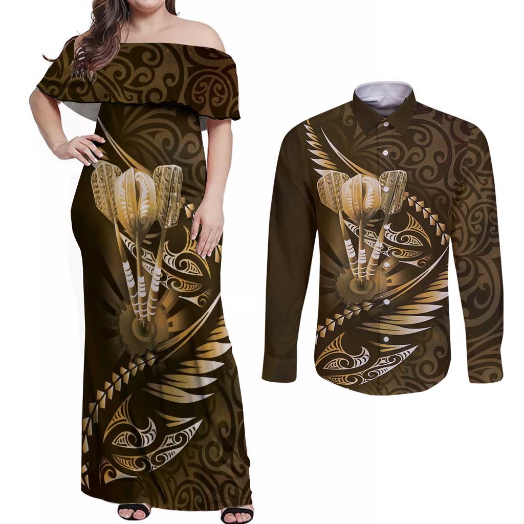 Personalised All Gold New Zealand Darts Couples Matching Off Shoulder Maxi Dress and Long Sleeve Button Shirt Aoteroa Fern Maori Galaxy Style LT14 Gold - Polynesian Pride