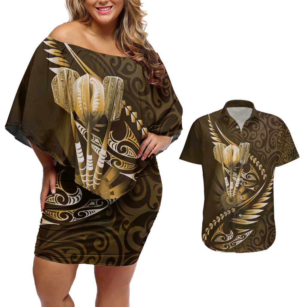 Personalised All Gold New Zealand Darts Couples Matching Off Shoulder Short Dress and Hawaiian Shirt Aoteroa Fern Maori Galaxy Style LT14 Gold - Polynesian Pride