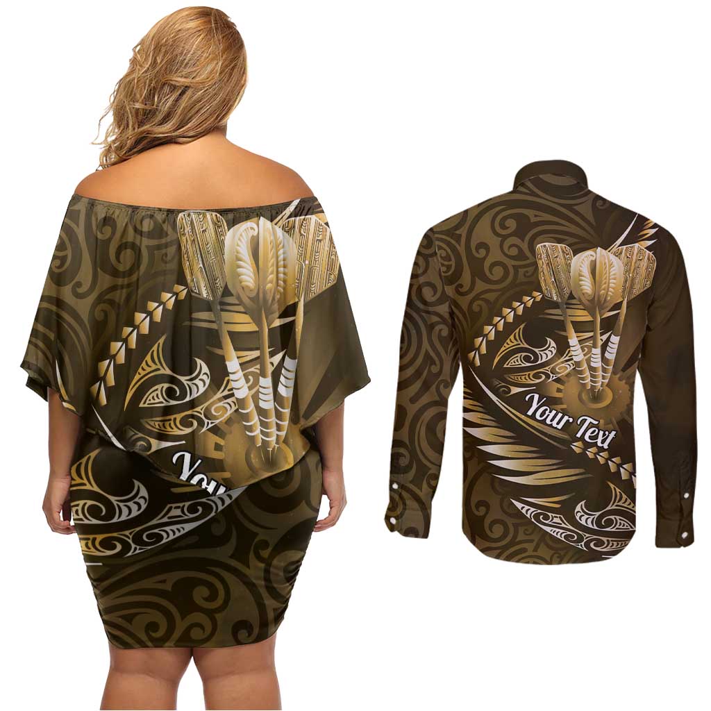 Personalised All Gold New Zealand Darts Couples Matching Off Shoulder Short Dress and Long Sleeve Button Shirt Aoteroa Fern Maori Galaxy Style LT14 - Polynesian Pride