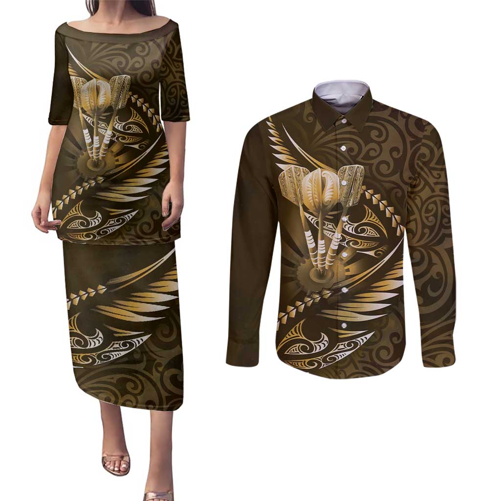 Personalised All Gold New Zealand Darts Couples Matching Puletasi and Long Sleeve Button Shirt Aoteroa Fern Maori Galaxy Style LT14 Gold - Polynesian Pride