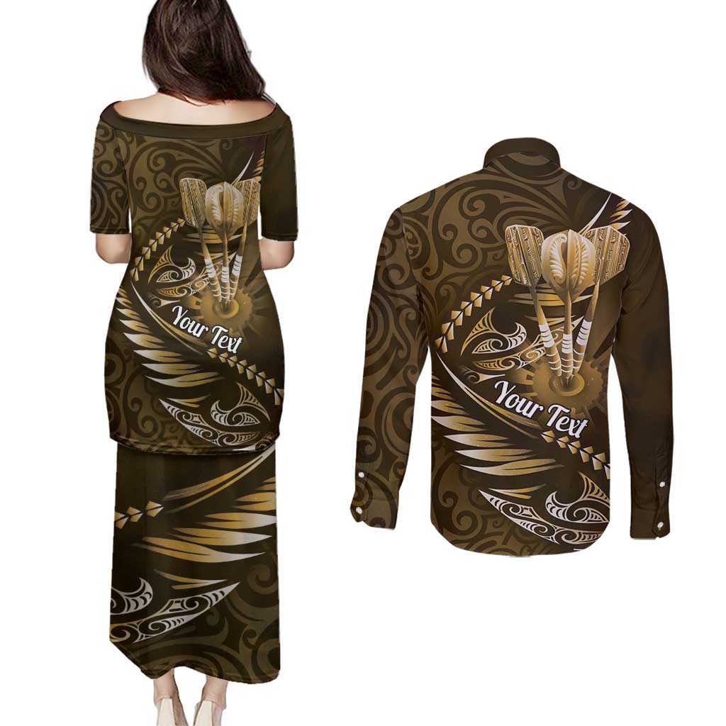 Personalised All Gold New Zealand Darts Couples Matching Puletasi and Long Sleeve Button Shirt Aoteroa Fern Maori Galaxy Style LT14 - Polynesian Pride