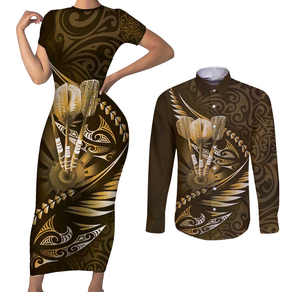 Personalised All Gold New Zealand Darts Couples Matching Short Sleeve Bodycon Dress and Long Sleeve Button Shirt Aoteroa Fern Maori Galaxy Style LT14 Gold - Polynesian Pride