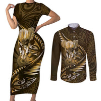 Personalised All Gold New Zealand Darts Couples Matching Short Sleeve Bodycon Dress and Long Sleeve Button Shirt Aoteroa Fern Maori Galaxy Style LT14 Gold - Polynesian Pride