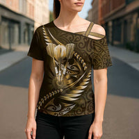 Personalised All Gold New Zealand Darts Cross Shoulder Shirt Aoteroa Fern Maori Galaxy Style - Polynesian Pride