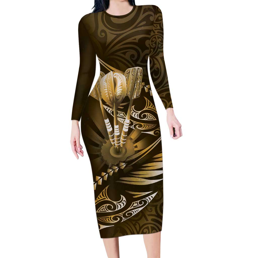 Personalised All Gold New Zealand Darts Family Matching Long Sleeve Bodycon Dress and Hawaiian Shirt Aoteroa Fern Maori Galaxy Style LT14 Mom's Dress Gold - Polynesian Pride
