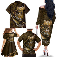 Personalised All Gold New Zealand Darts Family Matching Off The Shoulder Long Sleeve Dress and Hawaiian Shirt Aoteroa Fern Maori Galaxy Style LT14 - Polynesian Pride