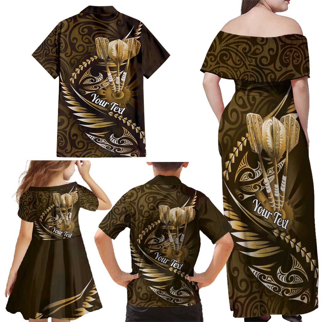 Personalised All Gold New Zealand Darts Family Matching Off Shoulder Maxi Dress and Hawaiian Shirt Aoteroa Fern Maori Galaxy Style LT14 - Polynesian Pride
