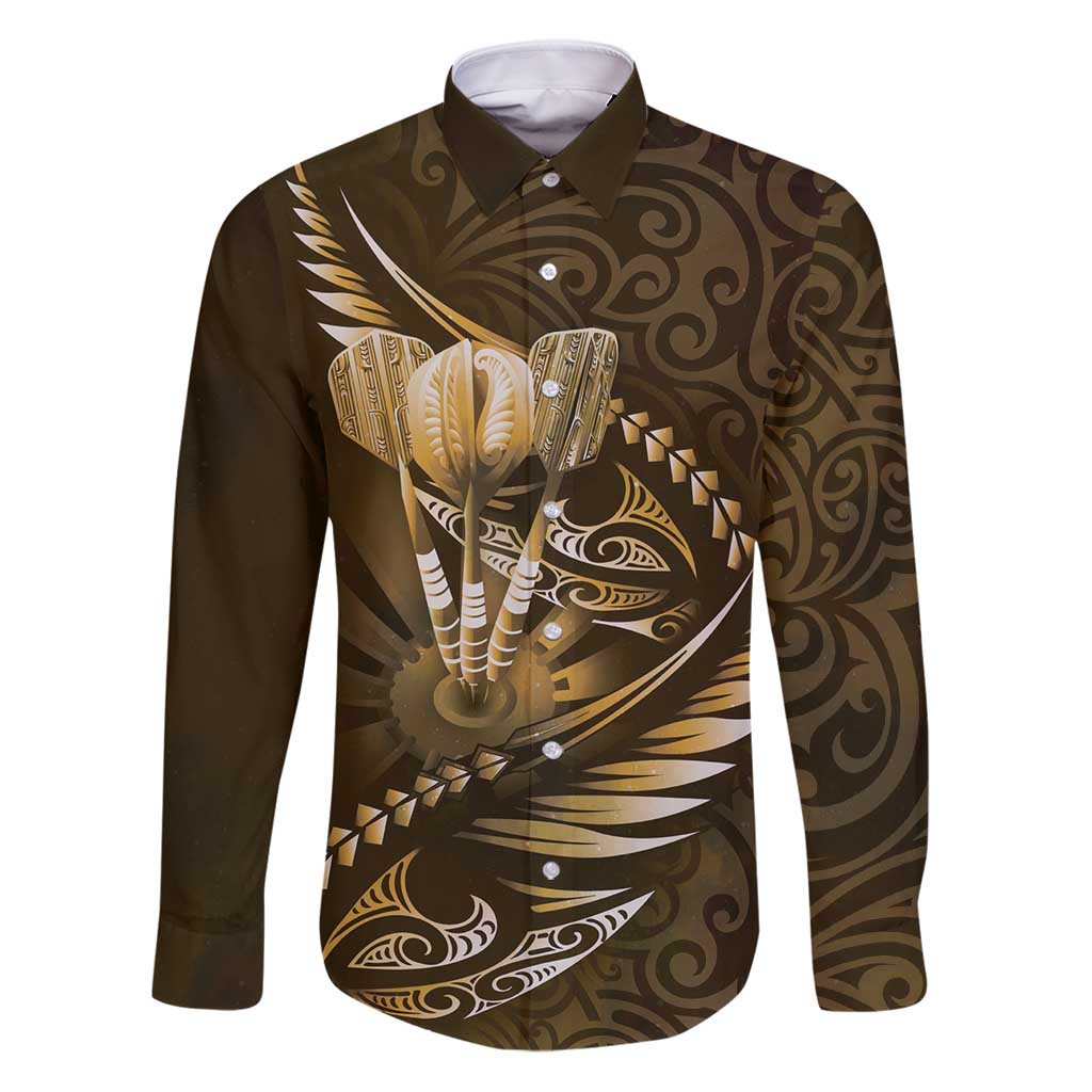 Personalised All Gold New Zealand Darts Family Matching Puletasi and Hawaiian Shirt Aoteroa Fern Maori Galaxy Style LT14 Dad's Shirt - Long Sleeve Gold - Polynesian Pride