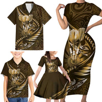 Personalised All Gold New Zealand Darts Family Matching Short Sleeve Bodycon Dress and Hawaiian Shirt Aoteroa Fern Maori Galaxy Style LT14 - Polynesian Pride