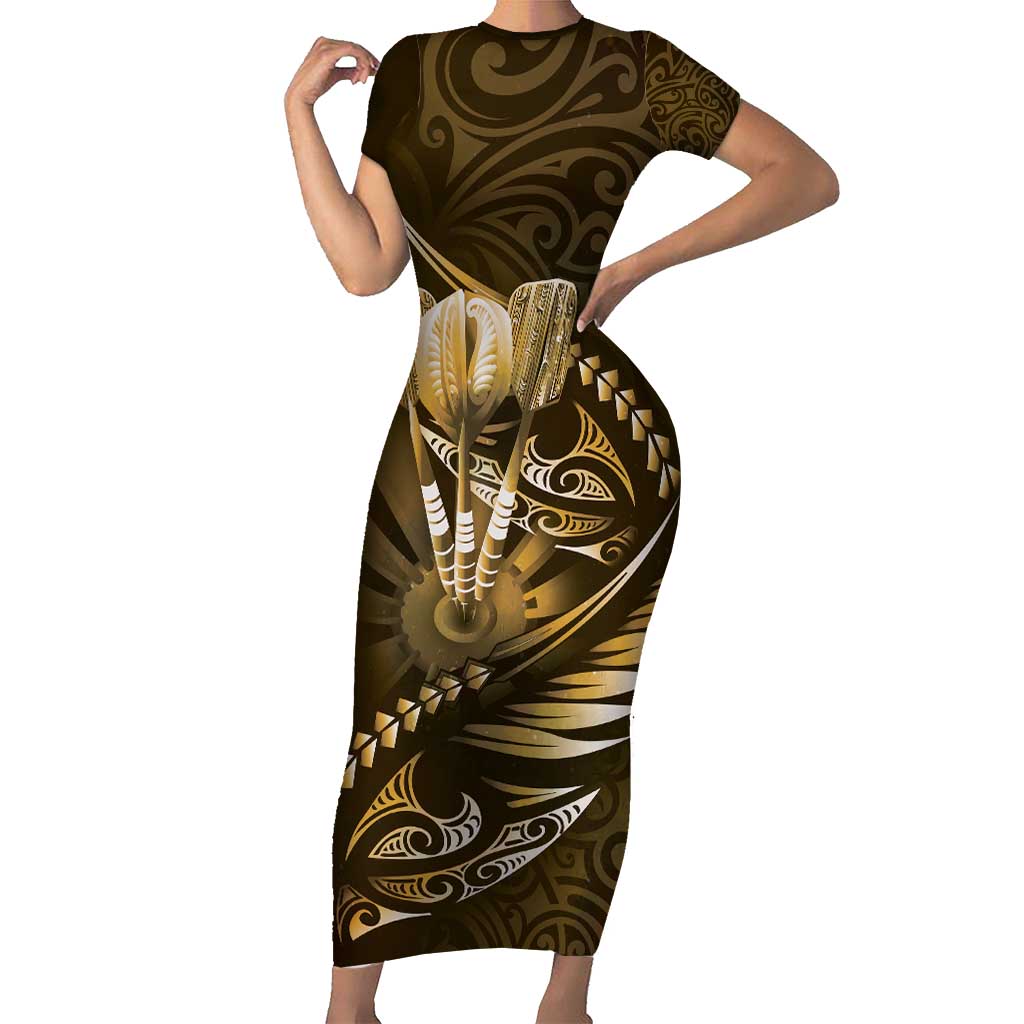 Personalised All Gold New Zealand Darts Family Matching Short Sleeve Bodycon Dress and Hawaiian Shirt Aoteroa Fern Maori Galaxy Style LT14 Mom's Dress Gold - Polynesian Pride