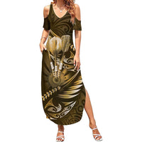 Personalised All Gold New Zealand Darts Family Matching Summer Maxi Dress and Hawaiian Shirt Aoteroa Fern Maori Galaxy Style LT14 Mom's Dress Gold - Polynesian Pride