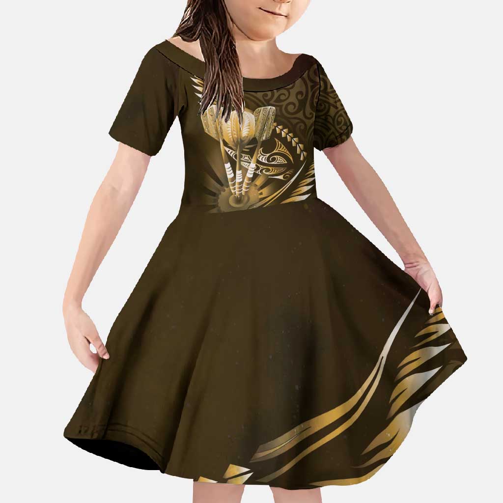 Personalised All Gold New Zealand Darts Family Matching Tank Maxi Dress and Hawaiian Shirt Aoteroa Fern Maori Galaxy Style LT14 Daughter's Dress Gold - Polynesian Pride
