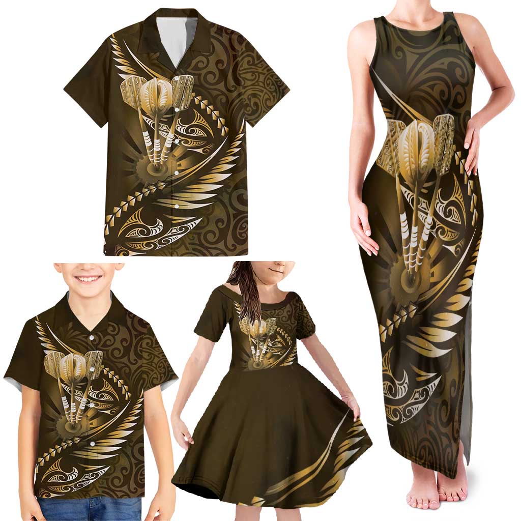 Personalised All Gold New Zealand Darts Family Matching Tank Maxi Dress and Hawaiian Shirt Aoteroa Fern Maori Galaxy Style LT14 - Polynesian Pride