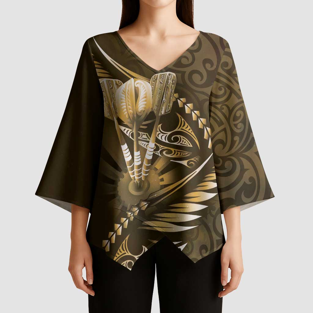 Personalised All Gold New Zealand Darts Kimono Sleeve Blouse Aoteroa Fern Maori Galaxy Style - Polynesian Pride