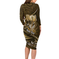 Personalised All Gold New Zealand Darts Long Sleeve Bodycon Dress Aoteroa Fern Maori Galaxy Style LT14 - Polynesian Pride
