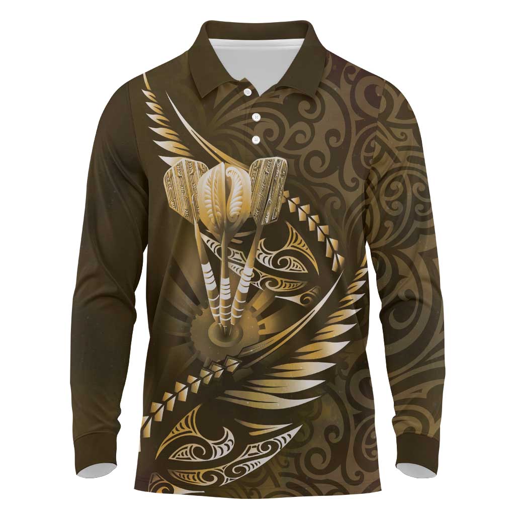 Personalised All Gold New Zealand Darts Long Sleeve Polo Shirt Aoteroa Fern Maori Galaxy Style LT14 Gold - Polynesian Pride