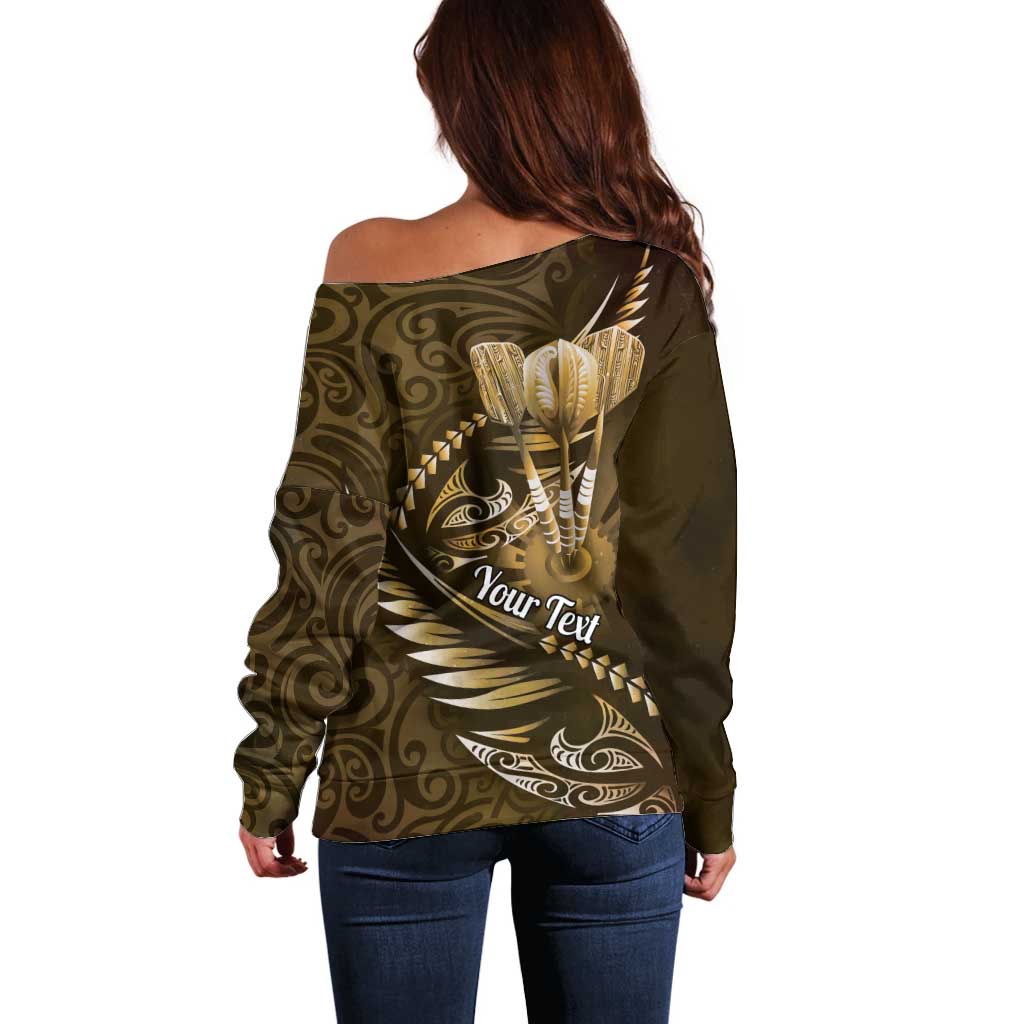 Personalised All Gold New Zealand Darts Off Shoulder Sweater Aoteroa Fern Maori Galaxy Style LT14 - Polynesian Pride