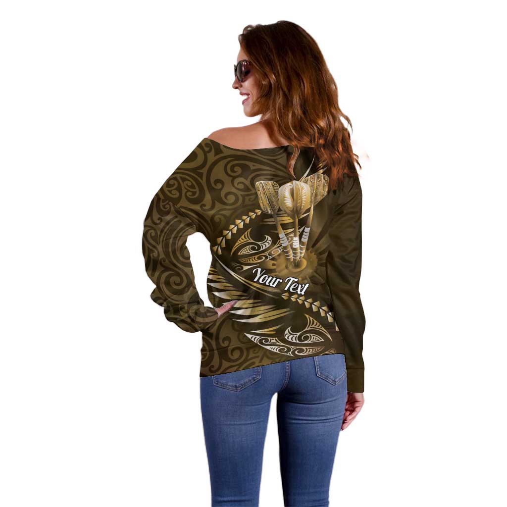 Personalised All Gold New Zealand Darts Off Shoulder Sweater Aoteroa Fern Maori Galaxy Style LT14 - Polynesian Pride