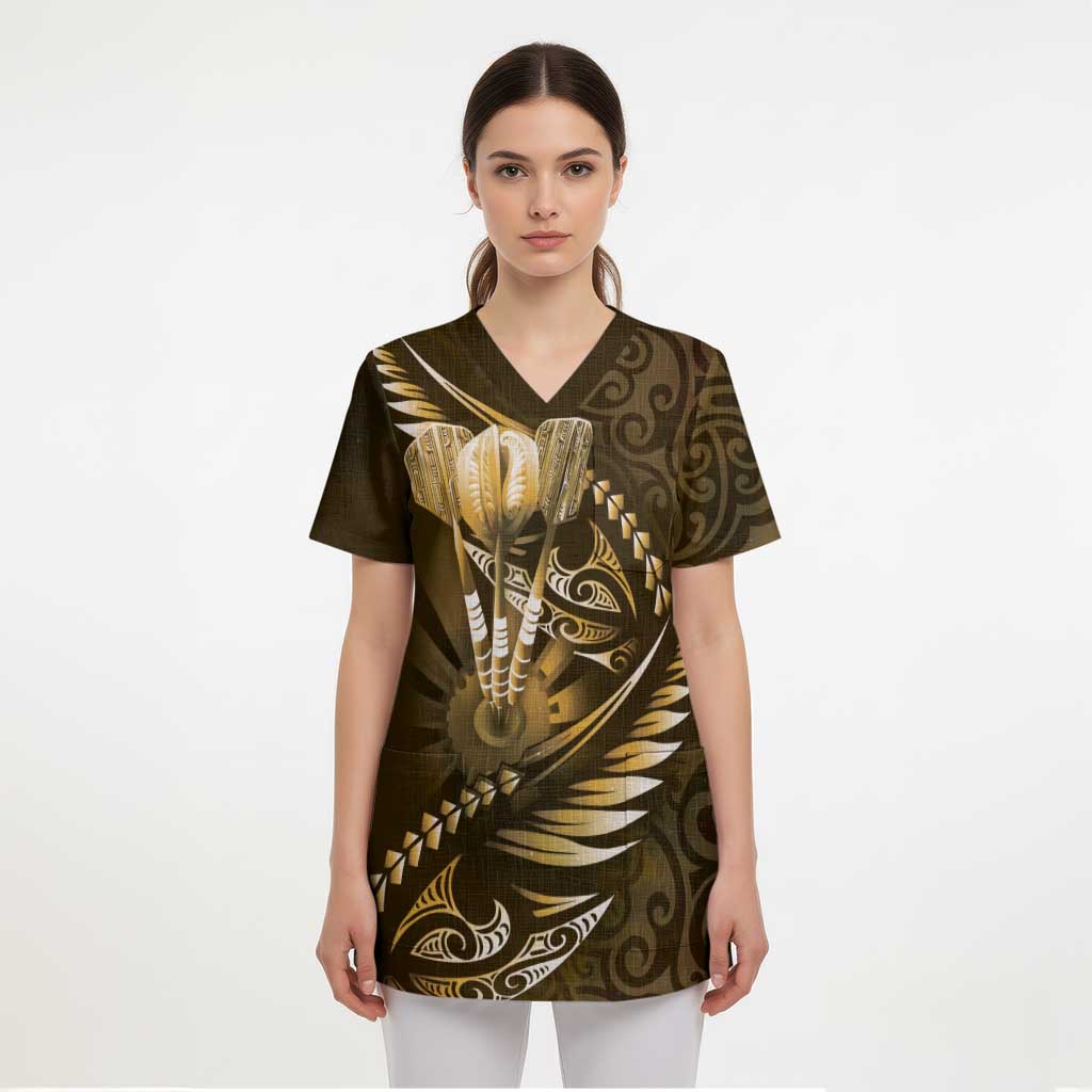 Personalised All Gold New Zealand Darts Scrub Top Aoteroa Fern Maori Galaxy Style - Polynesian Pride