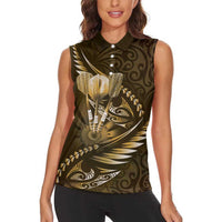 Personalised All Gold New Zealand Darts Women Sleeveless Polo Shirt Aoteroa Fern Maori Galaxy Style LT14 - Polynesian Pride