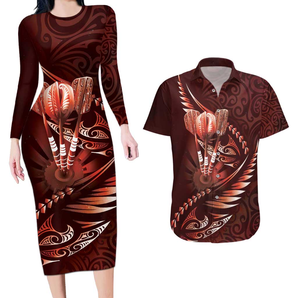 Personalised All Red New Zealand Darts Couples Matching Long Sleeve Bodycon Dress and Hawaiian Shirt Aoteroa Fern Maori Galaxy Style LT14 Red - Polynesian Pride