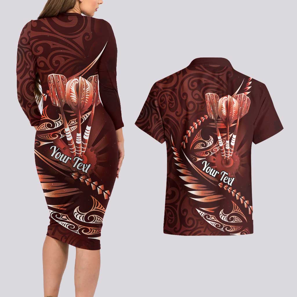 Personalised All Red New Zealand Darts Couples Matching Long Sleeve Bodycon Dress and Hawaiian Shirt Aoteroa Fern Maori Galaxy Style LT14 - Polynesian Pride