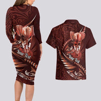Personalised All Red New Zealand Darts Couples Matching Long Sleeve Bodycon Dress and Hawaiian Shirt Aoteroa Fern Maori Galaxy Style LT14 - Polynesian Pride