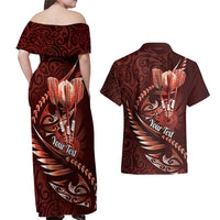 Personalised All Red New Zealand Darts Couples Matching Off Shoulder Maxi Dress and Hawaiian Shirt Aoteroa Fern Maori Galaxy Style LT14 - Polynesian Pride